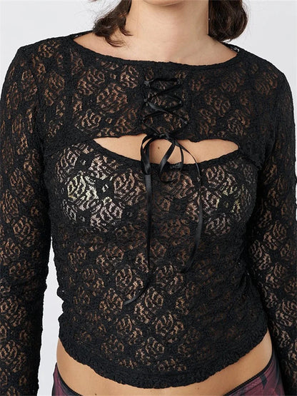 Women Sleeveless Strap Lace Mesh Round Neck See Through Mini Vest With Long Sleeve Tie-up Shrugs 2024 Crop Top