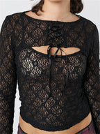 Women Sleeveless Strap Lace Mesh Round Neck See Through Mini Vest With Long Sleeve Tie-up Shrugs 2024 Crop Top