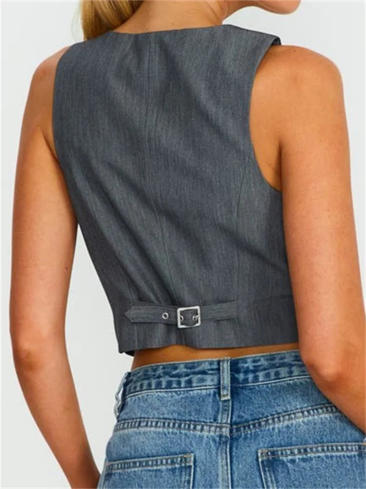 Women Sleeveless Vest Buttons Down Slim Fit Solid Color V-Neck Cropped Y2K Casual Irregular Hem Streetwear Crop Top
