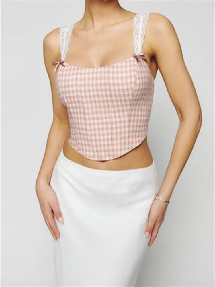 Women Slim Lace Strap Mini Vest Plaid/Floral Print Exposed Navel Cropped Summer Party Streetwear 2024 Crop Top Main image
