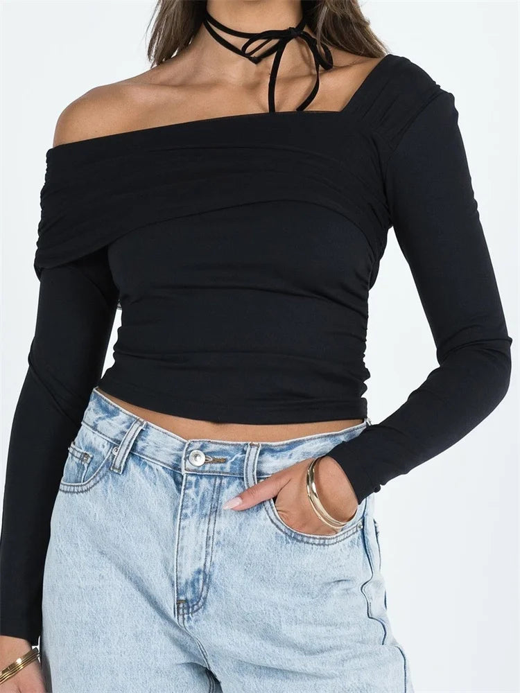 Slim Fit Ruched Casual Solid Asymmetric Neck Off Shoulder Long Sleeve Clubwear T-shirts Main image