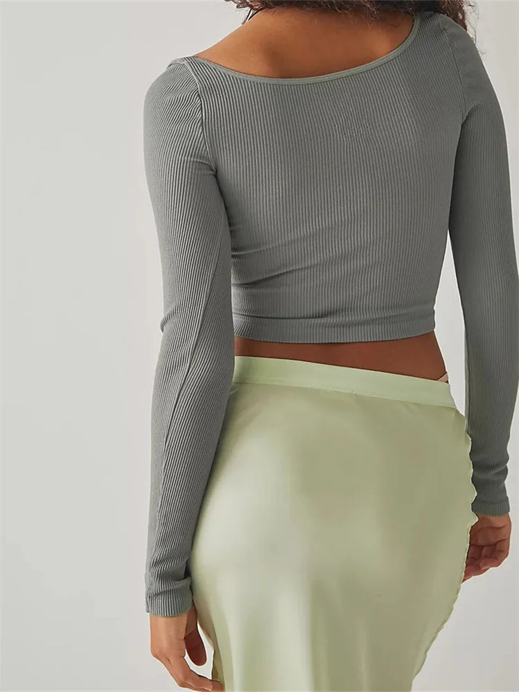 Solid Color Ribbed Crop Square Neck Long Sleeve Spring Fall Slim Fit T-shirts