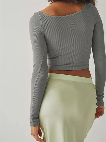 Solid Color Ribbed Crop Square Neck Long Sleeve Spring Fall Slim Fit T-shirts