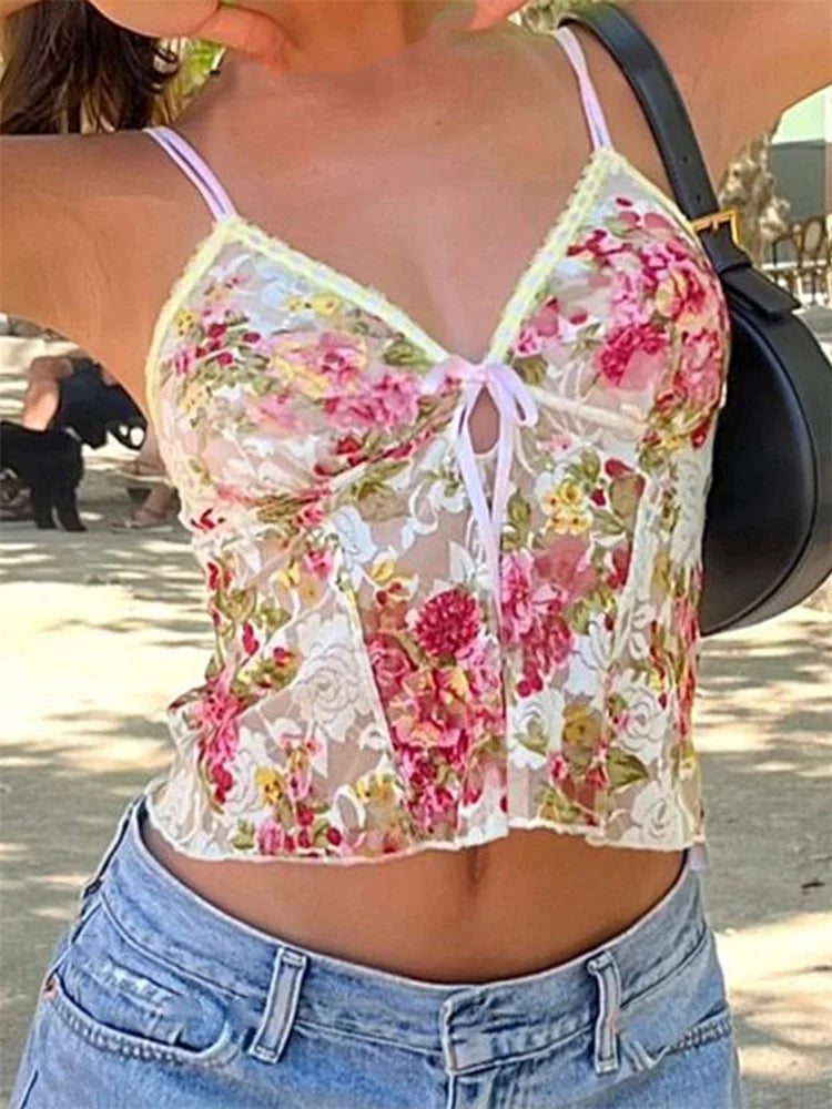 Women Spaghetti Strap Top Floral Print V-neck Front Split Tie-Up Sleeveless Summer Slim Fit Mini Vest 2024 Crop Top