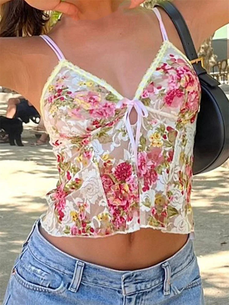 Women Spaghetti Strap Top Floral Print V-neck Front Split Tie-Up Sleeveless Summer Slim Fit Mini Vest 2024 Crop Top Main image