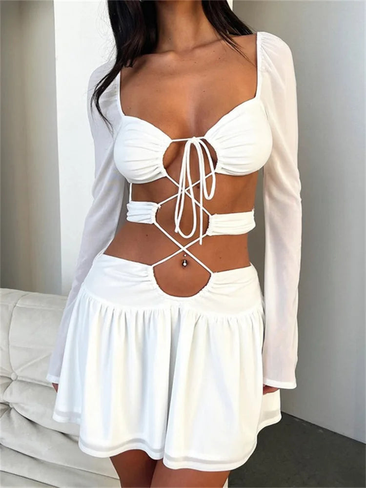 Solid Criss-Cross Tie-Up Long Sleeve Mini Dresses Main image