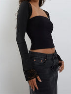 Women Strapless Off Shoulder Black Tube Cropped Summer Party Clubwear with Long Sleeve Lace See Through T-shirts Crop Top