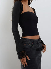 Women Strapless Off Shoulder Black Tube Cropped Summer Party Clubwear with Long Sleeve Lace See Through T-shirts Crop Top