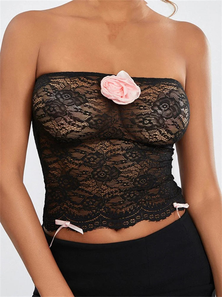 Summer 3D Flower Patchwork Tube Black Sleeveless Off Shoulder Cropped Lace See Through Party Mini Crop Top