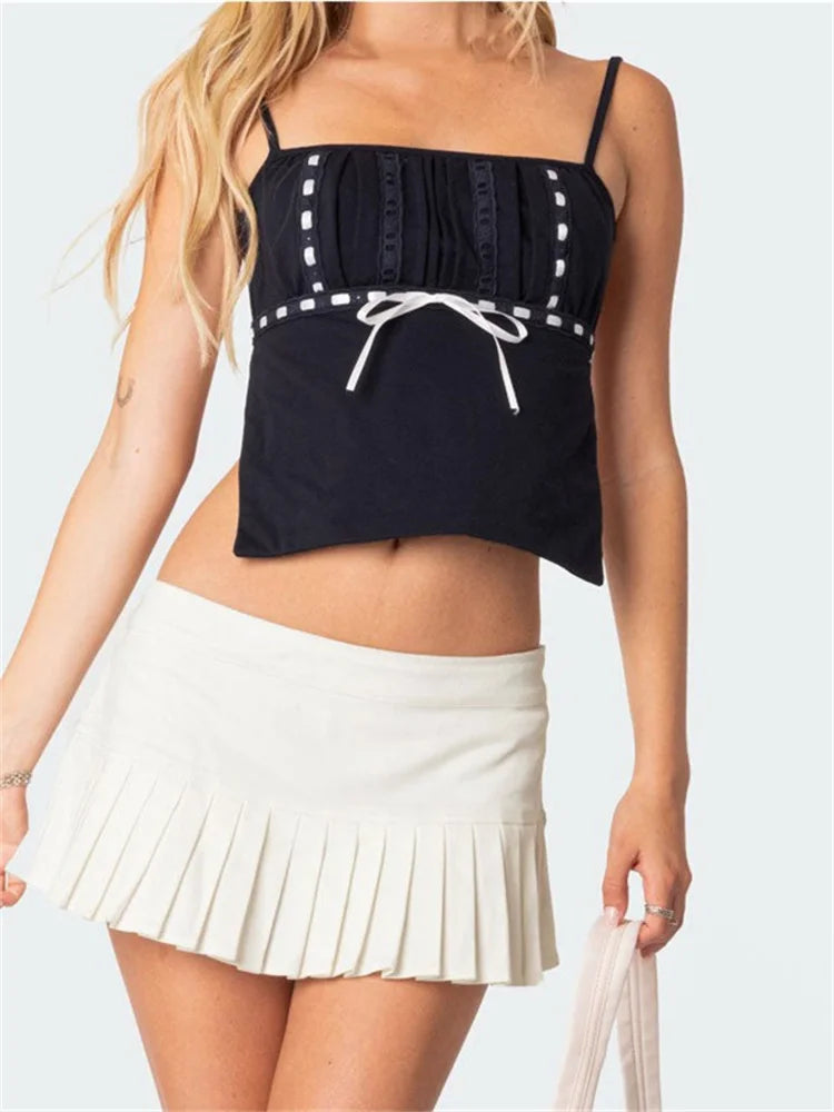 Women Summer Backless Spaghetti Strap Sleeveless Square Neck Lace Trim Mini Vest Streetwear 2024 Crop Top