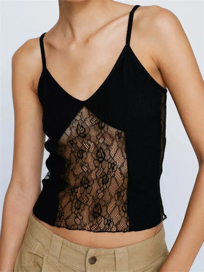 Summer Sheer Lace Patchwork Spaghetti Strap Sleeveless Mini Vests for Streetwear Clubwear Crop Top