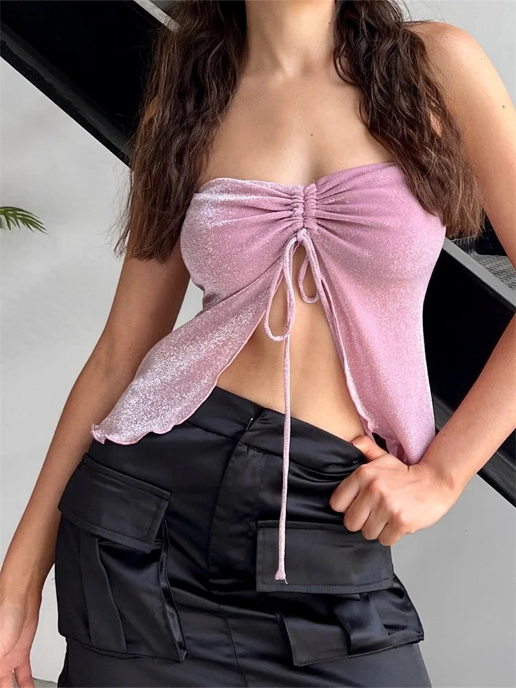 Summer Going Out Top Solid Color Strapless Off Shoulder Front Split Tie Up Ruched Party Clubwear Crop Top