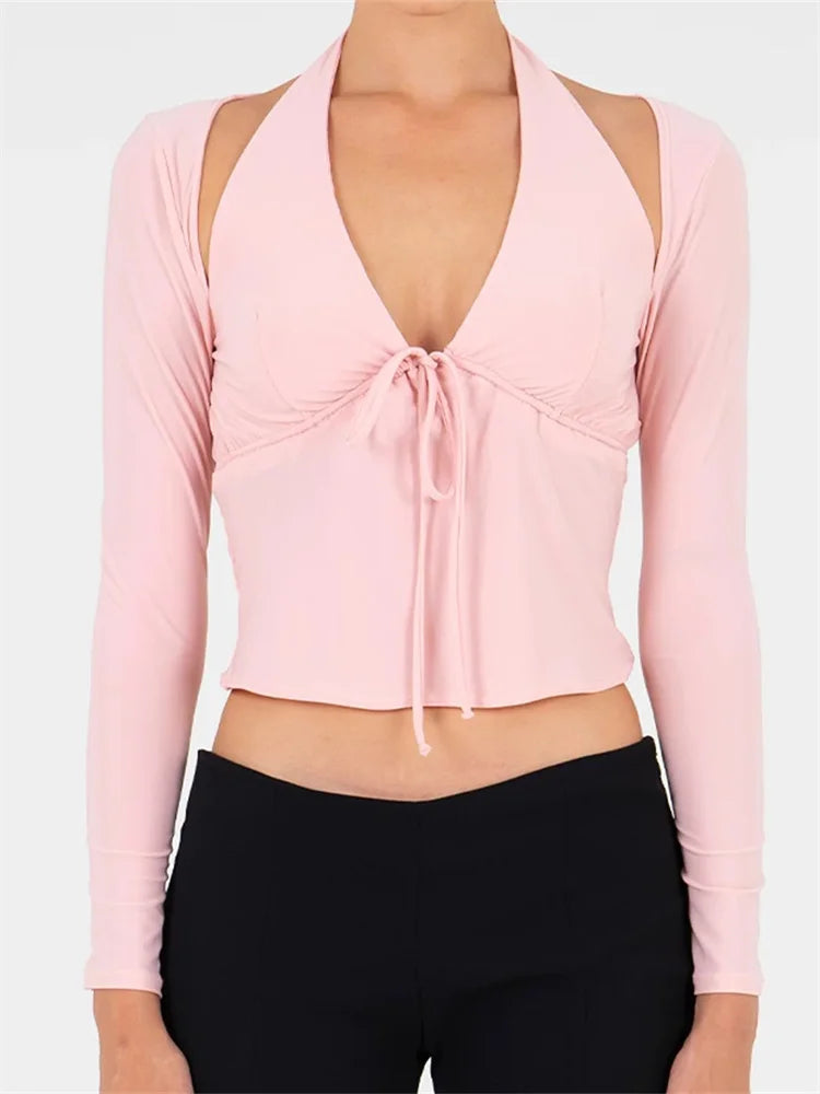 Summer Halter Solid Color Backless Off Shoulder with Long Sleeve Shrugs Streetwear 2024 Crop Top Main image