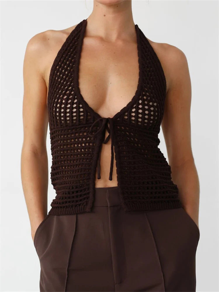 Summer Knitted Deep V-neck Vest Sleeveless Halter Top Backless Tie-up Hollow Out Solid Party Clubwear 2024 Crop Top