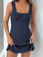 Lace Trim A-line Solid Color Square Neck Mini Dresses