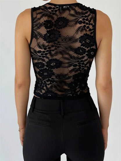 Summer Sleeveless Square Neck Low Cut Mesh See-Through Lace Casual Slim Sexy Mini Vest 2024 Crop Top