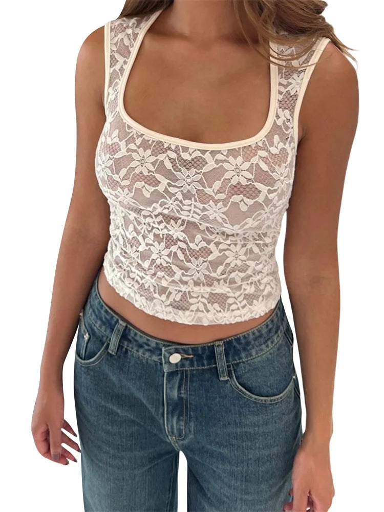 Summer Sleeveless Square Neck Low Cut Mesh See-Through Lace Casual Slim Sexy Mini Vest 2024 Crop Top