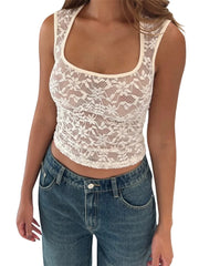Summer Sleeveless Square Neck Low Cut Mesh See-Through Lace Casual Slim  Mini Vest 2024 Crop Top
