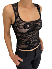 Summer Sleeveless Square Neck Low Cut Mesh See-Through Lace Casual Slim  Mini Vest 2024 Crop Top