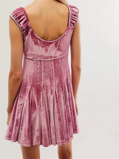 Velvet V-Neck Sleeveless High Waist Mini Dresses