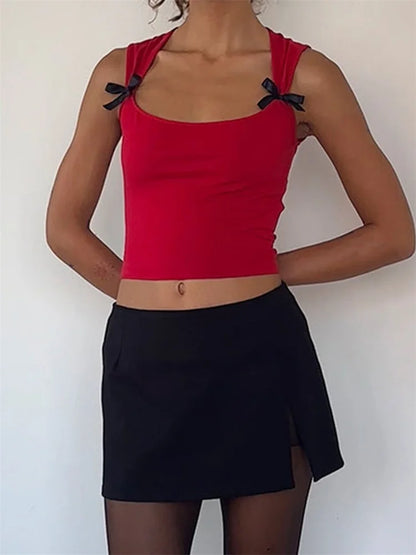 Bowknot Patchwork Sleeveless Low Cut Mini Vest Summer Fashion Slim Fit Cropped Streetwear 2024 Crop Top
