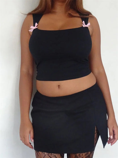 Bowknot Patchwork Sleeveless Low Cut Mini Vest Summer Fashion Slim Fit Cropped Streetwear 2024 Crop Top