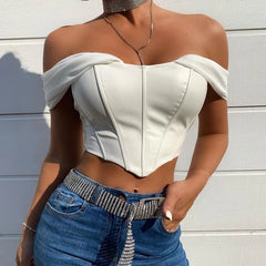 CHRONSTYLE Women Tube Top Cropped Vest 2024  Sleeveless PU Leather Back Zipper Exposed Navel Mesh Yarn Sleeve Suspender Tank Crop Top
