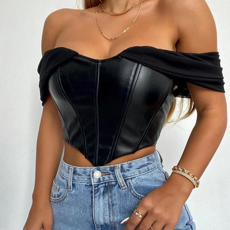 CHRONSTYLE Women Tube Top Cropped Vest 2024 Sexy Sleeveless PU Leather Back Zipper Exposed Navel Mesh Yarn Sleeve Suspender Tank Crop Top