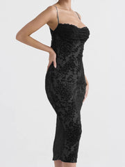 Vintage Lace Sleeveless Strap Low Cut Backless Floral Print Midi Dress