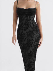 Vintage Lace Sleeveless Strap Low Cut Backless Floral Print Midi Dress