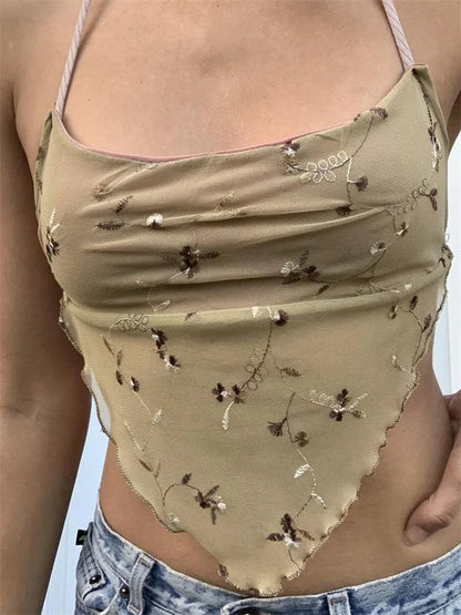 Y2K Backless Floral Retro Sexy Halter Tie Up Off Shoulder Summer Cute Mini Vest Streetwear 2024 Crop Top