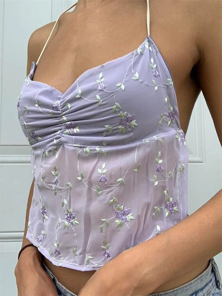 Backless Floral Vintage  Halter Tie Up Off Shoulder Camisole Cute Mini Streetwear Crop Top