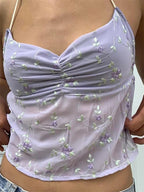 Backless Floral Vintage  Halter Tie Up Off Shoulder Camisole Cute Mini Streetwear Crop Top