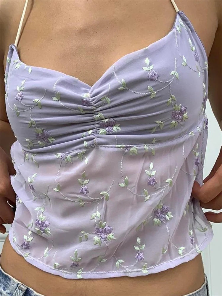 Backless Floral Vintage  Halter Tie Up Off Shoulder Camisole Cute Mini Streetwear Crop Top