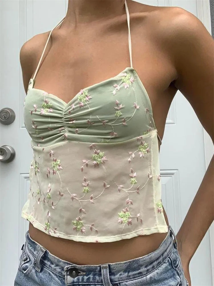 Backless Floral Vintage  Halter Tie Up Off Shoulder Camisole Cute Mini Streetwear Crop Top