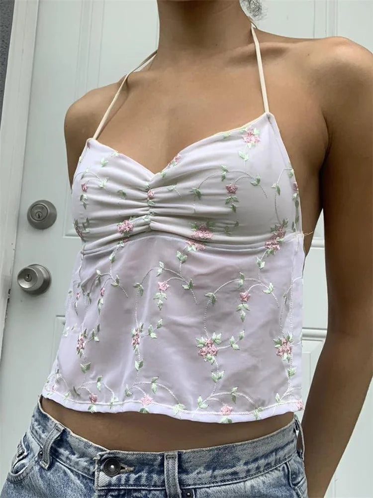 Backless Floral Vintage  Halter Tie Up Off Shoulder Camisole Cute Mini Streetwear Crop Top
