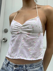 Backless Floral Vintage Sexy Halter Tie Up Off Shoulder Camisole Cute Mini Streetwear Crop Top
