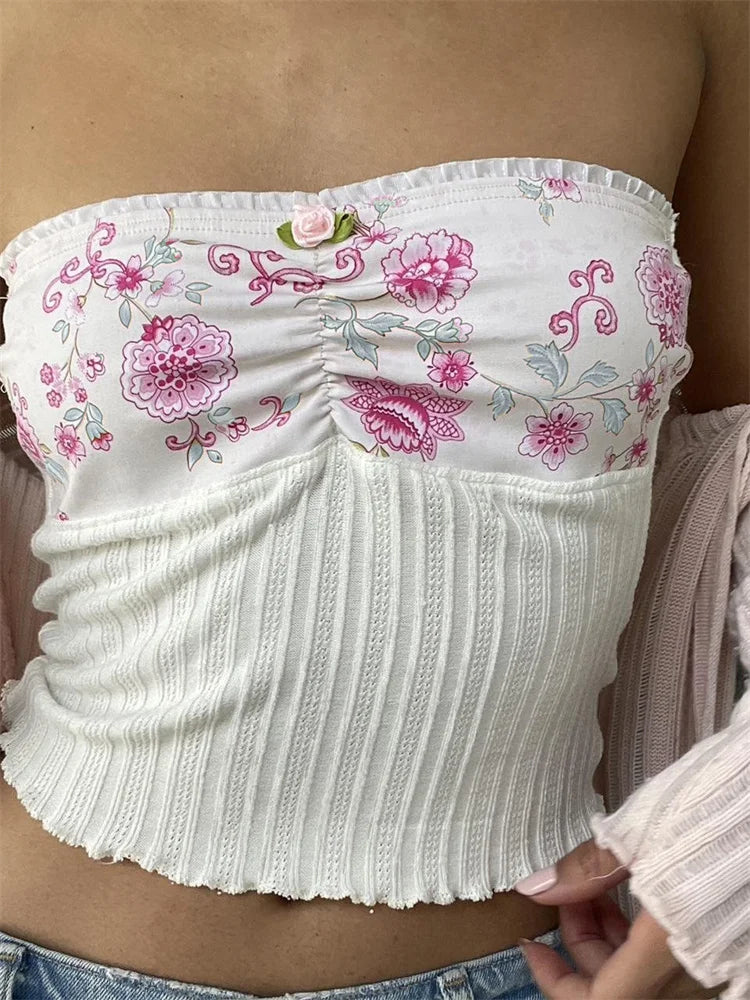 Y2K  Strapless Tube Fairy Grunge Summer Knitted Floral Print Patchwork Vest Streetwear 2024 Crop Top Main image