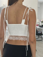Women Y2K Sleeveless Spaghetti Strap Top  Lace Patchwork Front Tie-up Summer Mini Vest Streetwear 2024 Crop Top