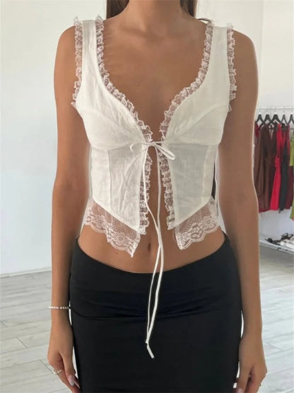 Women Y2K Sleeveless Spaghetti Strap Top Sexy Lace Patchwork Front Tie-up Summer Mini Vest Streetwear 2024 Crop Top