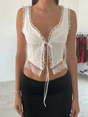 Women Y2K Sleeveless Spaghetti Strap Top  Lace Patchwork Front Tie-up Summer Mini Vest Streetwear 2024 Crop Top