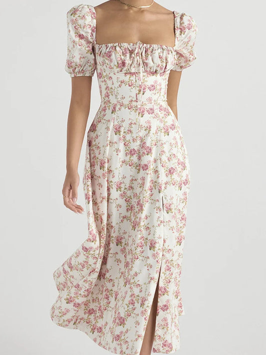 Y2K Square Neck Floral Print Lace-Up Sleeveless Spaghetti Strap Midi Dress