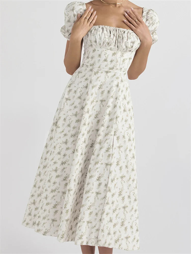 Y2K Square Neck Floral Print Lace-Up Sleeveless Spaghetti Strap Midi Dress