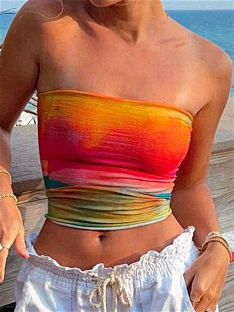 Y2K Bustiers Corsets Sleeveless Tube Tie Dyeing Print Strapless Off Shoulder Vest Streetwear Crop Top Main image