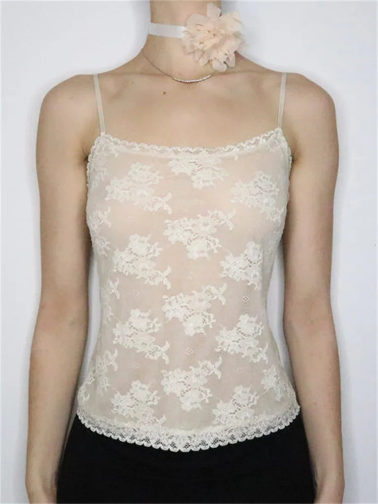 Y2K Fairy Lace See Through Sleeveless Strap Slim Fit Summer Party Club Mini Vest Streetwear Crop Top