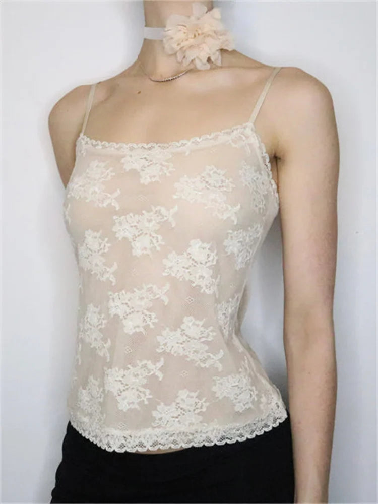 Y2K Fairy Lace See Through Sleeveless Strap Slim Fit Summer Party Club Mini Vest Streetwear Crop Top