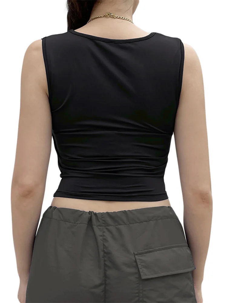 Y2K  Women Summer Vest Square Neck Sleeveless Solid Slim Fit Cropped Black Vintage Clothes 2024 Crop Top