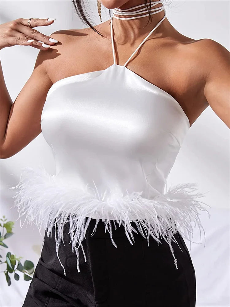 Y2K Sexy Women Vest Sleeveless Off Shoulder Halter Tie-up Backless Feather Patchwork Summer Tube Club Party Tank Crop Top