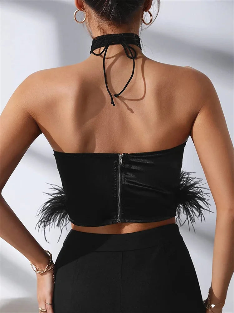 Y2K Sexy Women Vest Sleeveless Off Shoulder Halter Tie-up Backless Feather Patchwork Summer Tube Club Party Tank Crop Top