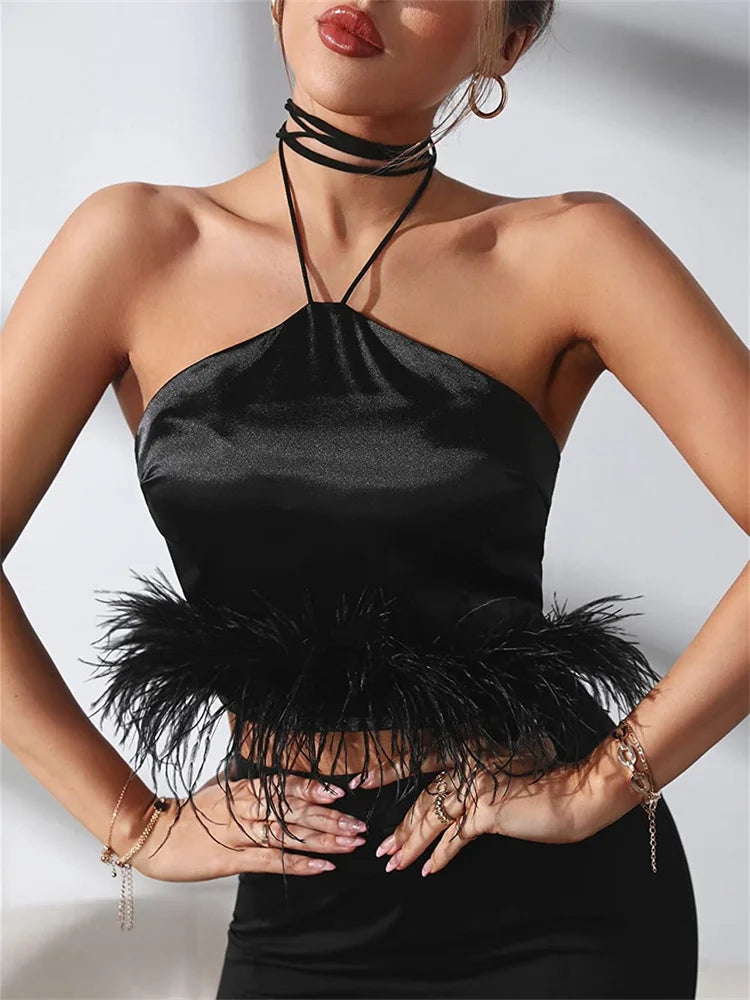 Y2K Sexy Women Vest Sleeveless Off Shoulder Halter Tie-up Backless Feather Patchwork Summer Tube Club Party Tank Crop Top